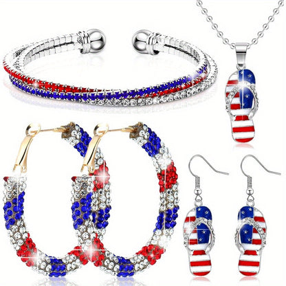 4th of July Patriotic Jewelry Set for Women 4 Piece – American Flag Earrings Bracelet Necklace Independence Day Gift Set with CZ Inlay