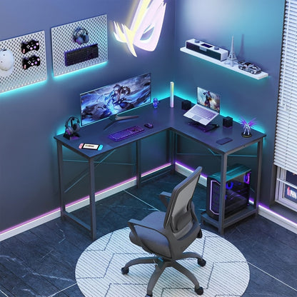 L Shaped Computer Desk with Storage Bag & Shelves – Reversible Corner Office Table, PC Laptop Workstation for Home Office, Study Room, Space-Saving Writing Desk