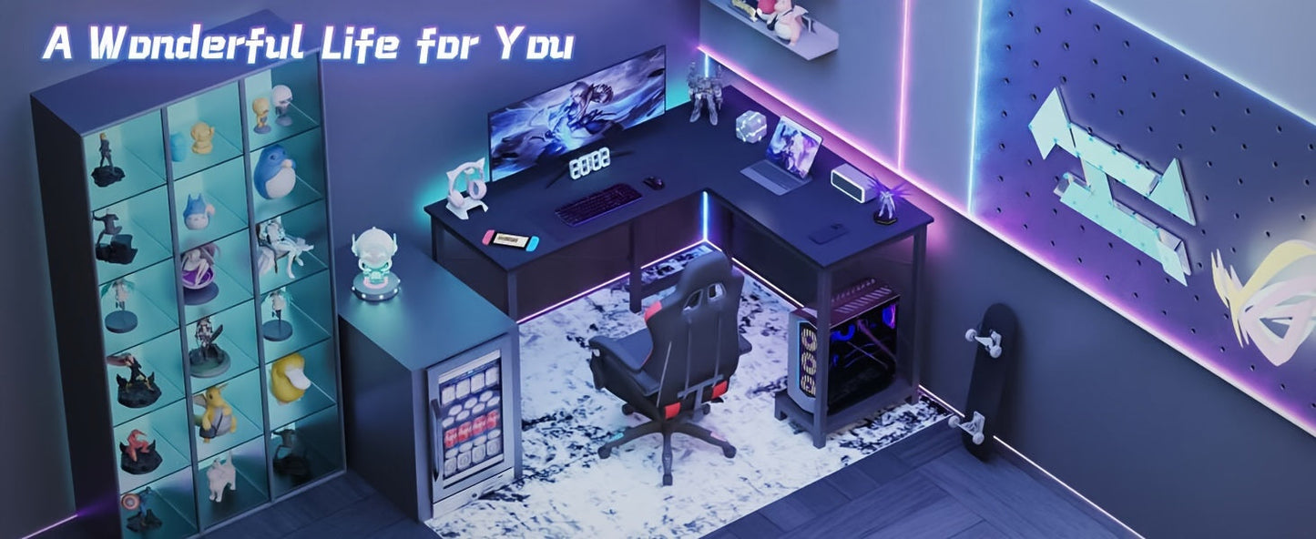 L Shaped Computer Desk with Storage Bag & Shelves – Reversible Corner Office Table, PC Laptop Workstation for Home Office, Study Room, Space-Saving Writing Desk