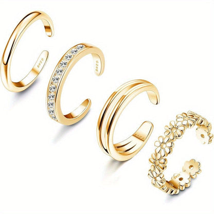 925 Sterling Silver Adjustable Toe Ring Set 4pcs for Women - Daisy Flower CZ Cubic Zirconia Open Band Rings Lightweight 6g Boho Beach Jewelry for Finger Thumb Tail Toe, Party Vacation Gift