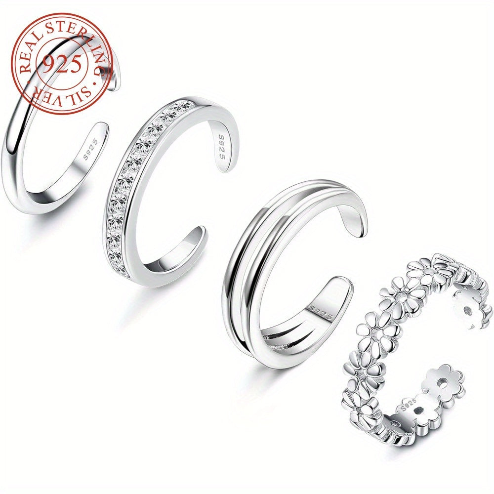 925 Sterling Silver Adjustable Toe Ring Set 4pcs for Women - Daisy Flower CZ Cubic Zirconia Open Band Rings Lightweight 6g Boho Beach Jewelry for Finger Thumb Tail Toe, Party Vacation Gift