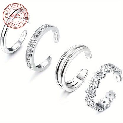 925 Sterling Silver Adjustable Toe Ring Set 4pcs for Women - Daisy Flower CZ Cubic Zirconia Open Band Rings Lightweight 6g Boho Beach Jewelry for Finger Thumb Tail Toe, Party Vacation Gift
