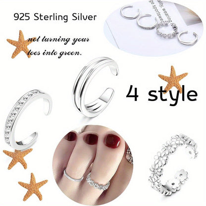 925 Sterling Silver Adjustable Toe Ring Set 4pcs for Women - Daisy Flower CZ Cubic Zirconia Open Band Rings Lightweight 6g Boho Beach Jewelry for Finger Thumb Tail Toe, Party Vacation Gift