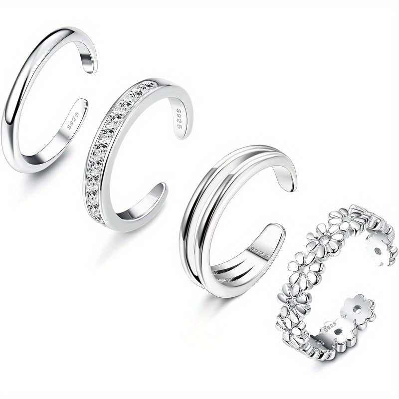 925 Sterling Silver Adjustable Toe Ring Set 4pcs for Women - Daisy Flower CZ Cubic Zirconia Open Band Rings Lightweight 6g Boho Beach Jewelry for Finger Thumb Tail Toe, Party Vacation Gift