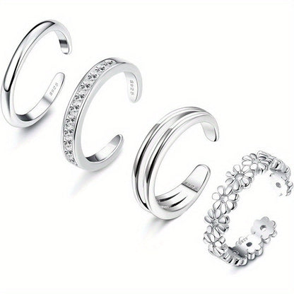 925 Sterling Silver Adjustable Toe Ring Set 4pcs for Women - Daisy Flower CZ Cubic Zirconia Open Band Rings Lightweight 6g Boho Beach Jewelry for Finger Thumb Tail Toe, Party Vacation Gift