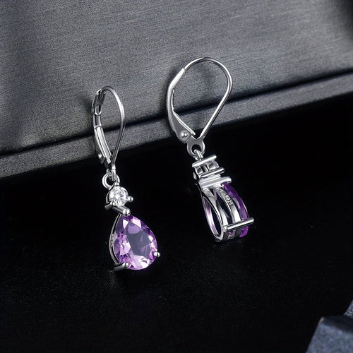 Amethyst Teardrop Leverback Earrings 925 Sterling Silver Genuine Gemstone Dangle Drop Earrings Hypoallergenic - Elegant Purple Jewelry Gift for Women Birthday Valentine's Day Christmas