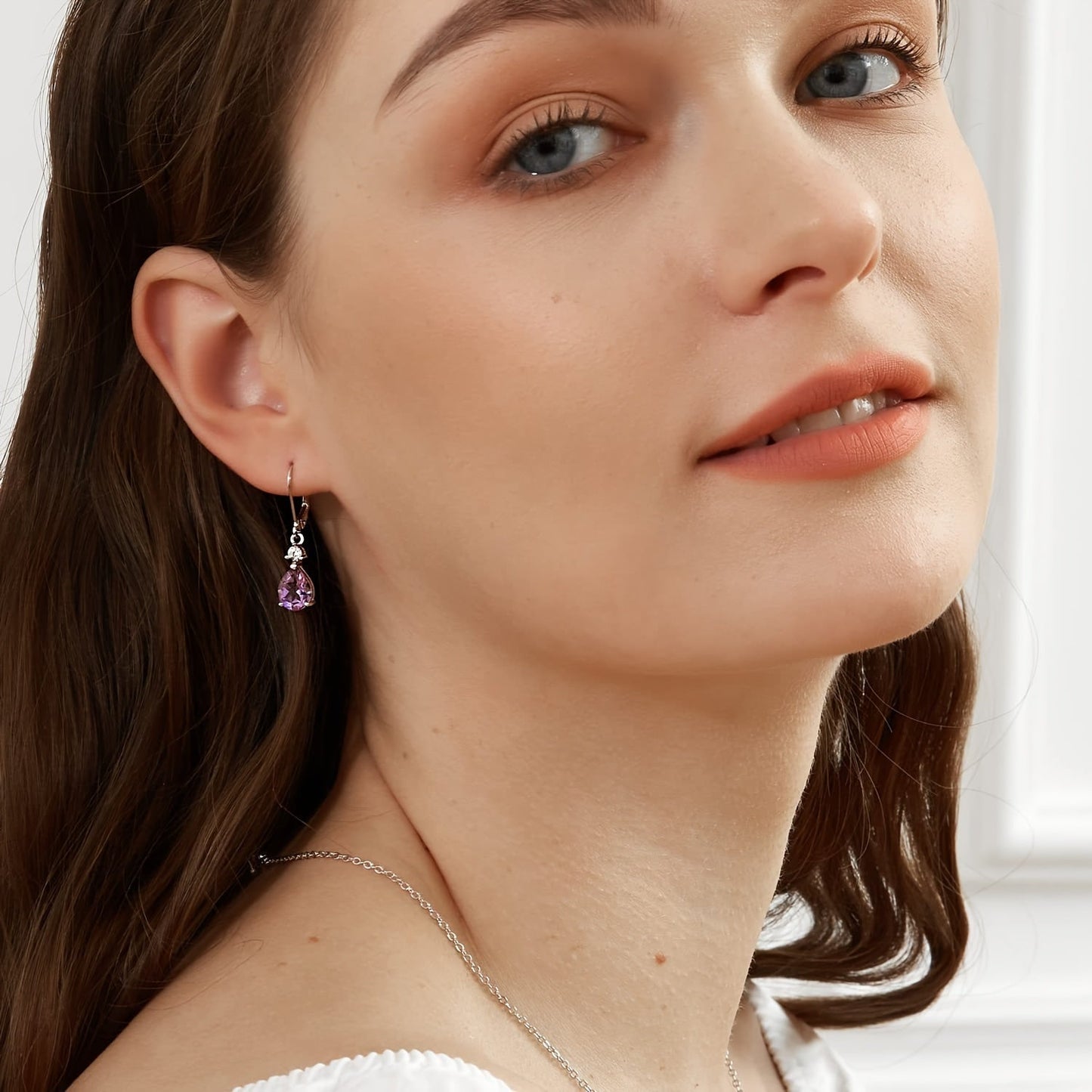 Amethyst Teardrop Leverback Earrings 925 Sterling Silver Genuine Gemstone Dangle Drop Earrings Hypoallergenic - Elegant Purple Jewelry Gift for Women Birthday Valentine's Day Christmas