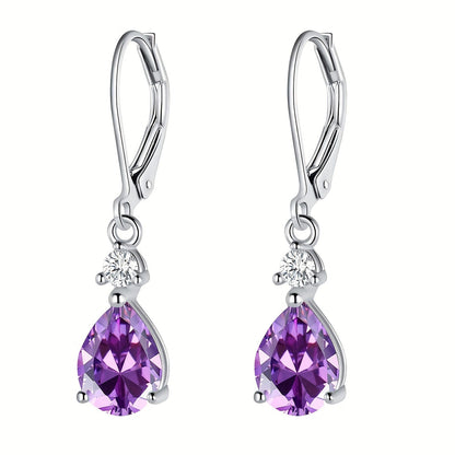 Amethyst Teardrop Leverback Earrings 925 Sterling Silver Genuine Gemstone Dangle Drop Earrings Hypoallergenic - Elegant Purple Jewelry Gift for Women Birthday Valentine's Day Christmas