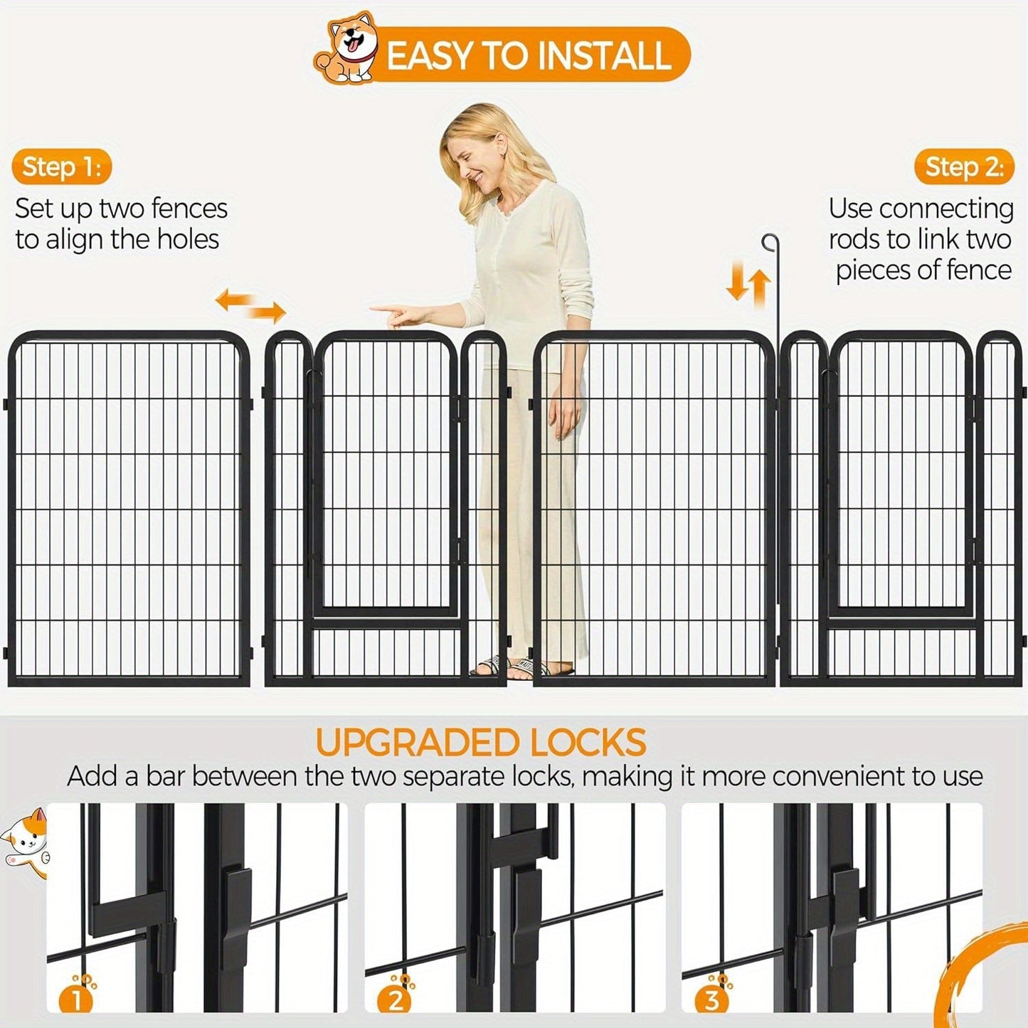 Portable Dog Playpen 8/16 Panels Heavy Duty Pet Exercise Pen for Large Medium Small Dogs Indoor Outdoor Use RV Camping Garden Yard Puppy Rabbit Animal Pen