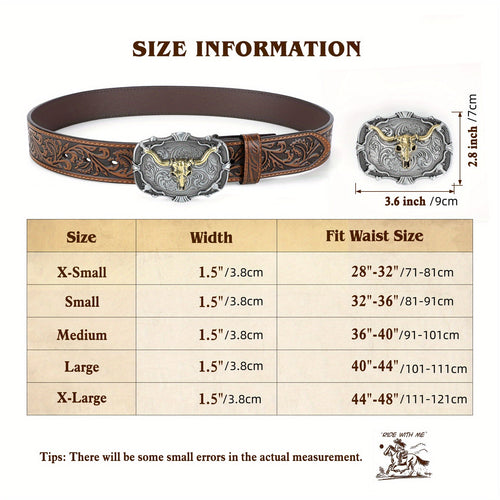 Vintage Engraved Western Belt with Bullhead Buckle - Adjustable Distressed Leather Cowboy Waistband for Men and Women, Country Music Festival Rodeo Accessories, Black Brown Coffee
