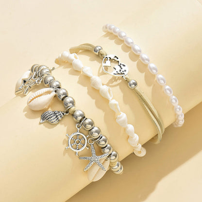 4 Pcs Ocean Anklet Set – 925 Silver Plated Pearl Shell Starfish Pendant Anklets for Women, Boho Beach Vacation & Party Jewelry, Layered Ankle Bracelet Gift Set