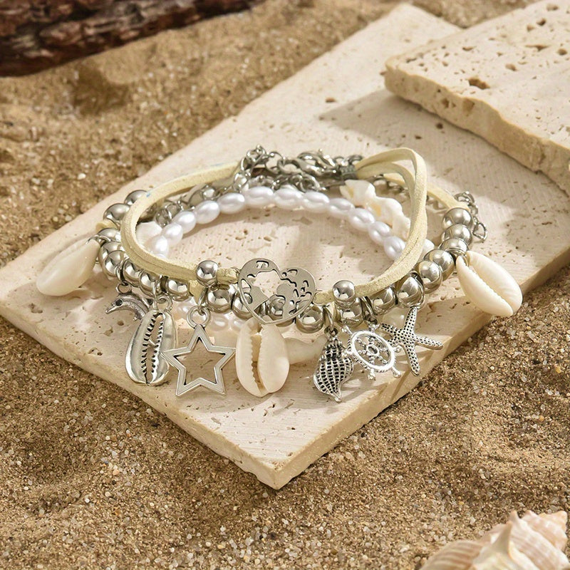 4 Pcs Ocean Anklet Set – 925 Silver Plated Pearl Shell Starfish Pendant Anklets for Women, Boho Beach Vacation & Party Jewelry, Layered Ankle Bracelet Gift Set