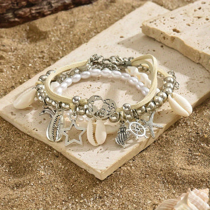 4 Pcs Ocean Anklet Set – 925 Silver Plated Pearl Shell Starfish Pendant Anklets for Women, Boho Beach Vacation & Party Jewelry, Layered Ankle Bracelet Gift Set