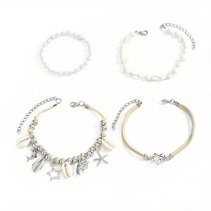 4 Pcs Ocean Anklet Set – 925 Silver Plated Pearl Shell Starfish Pendant Anklets for Women, Boho Beach Vacation & Party Jewelry, Layered Ankle Bracelet Gift Set