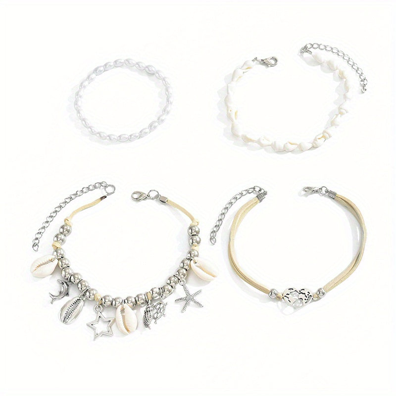 4 Pcs Ocean Anklet Set – 925 Silver Plated Pearl Shell Starfish Pendant Anklets for Women, Boho Beach Vacation & Party Jewelry, Layered Ankle Bracelet Gift Set