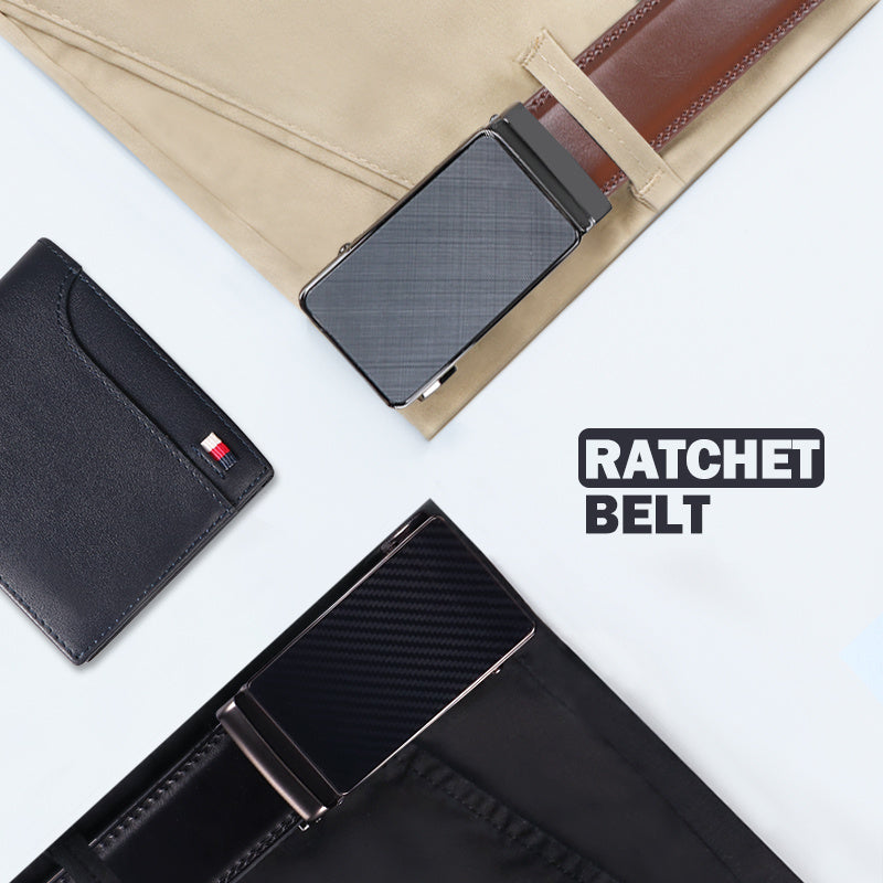 Men's Genuine Leather Belt Automatic Buckle Ratchet Dress Belt for Men – No Hole Slide Buckle, Black Brown, Fits Waist 30" to 44", Formal & Casual Wear