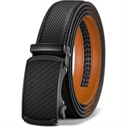 Men's Genuine Leather Belt Automatic Buckle Ratchet Dress Belt for Men – No Hole Slide Buckle, Black Brown, Fits Waist 30" to 44", Formal & Casual Wear
