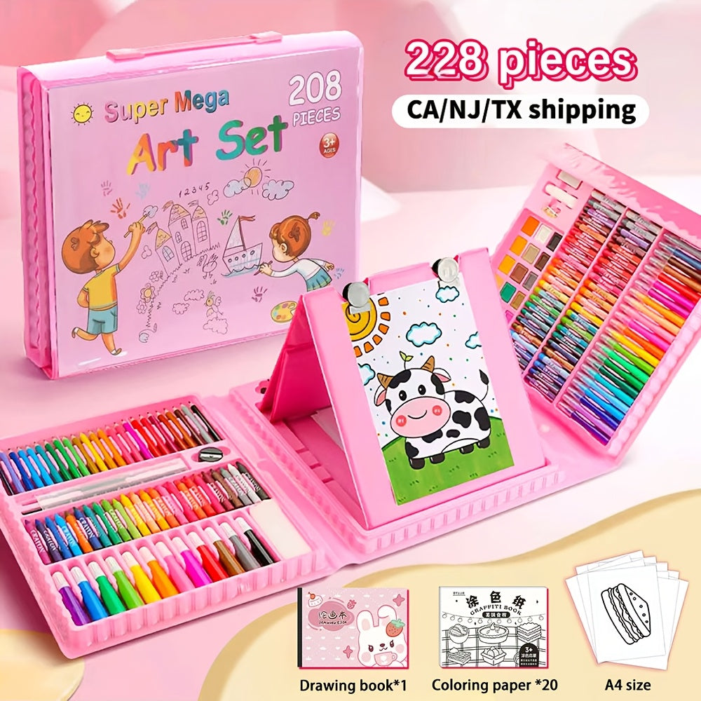 228 Pcs Kids Art Painting Set with Easel, Complete Beginner Drawing Kit for Children Ages 3-12, Includes Sketchbook, Coloring Book, Acrylic Markers, Watercolor Pens, Oil Pastels, Colored Pencils & Eraser