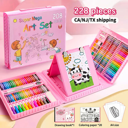228 Pcs Kids Art Painting Set with Easel, Complete Beginner Drawing Kit for Children Ages 3-12, Includes Sketchbook, Coloring Book, Acrylic Markers, Watercolor Pens, Oil Pastels, Colored Pencils & Eraser