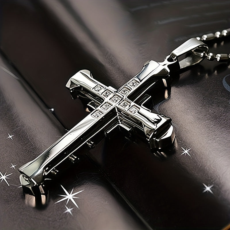 Men's CZ Cross Pendant Necklace Set 4pcs – Synthetic Zirconia Inlaid Classic Hip Hop Religious Jewelry, Bold Statement Necklace Gift for Men, Christmas, Birthday & Holiday