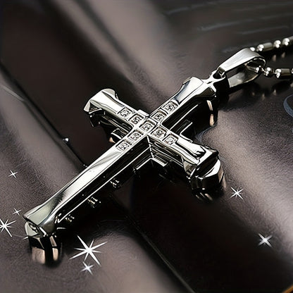 Men's CZ Cross Pendant Necklace Set 4pcs – Synthetic Zirconia Inlaid Classic Hip Hop Religious Jewelry, Bold Statement Necklace Gift for Men, Christmas, Birthday & Holiday