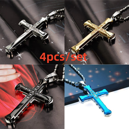 Men's CZ Cross Pendant Necklace Set 4pcs – Synthetic Zirconia Inlaid Classic Hip Hop Religious Jewelry, Bold Statement Necklace Gift for Men, Christmas, Birthday & Holiday