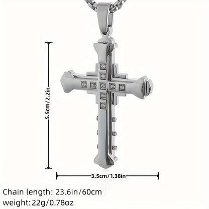 Men's CZ Cross Pendant Necklace Set 4pcs – Synthetic Zirconia Inlaid Classic Hip Hop Religious Jewelry, Bold Statement Necklace Gift for Men, Christmas, Birthday & Holiday