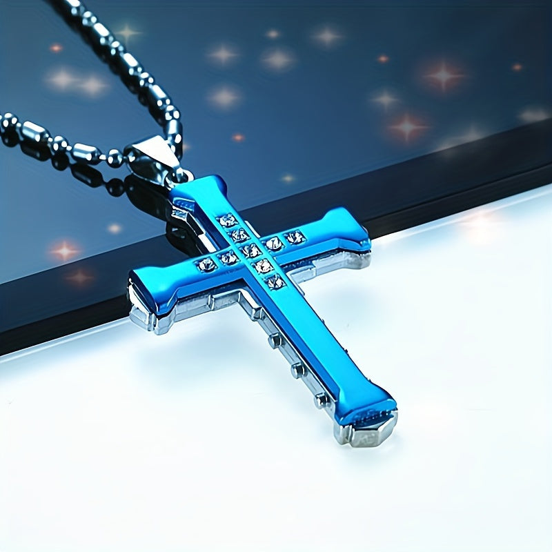 Men's CZ Cross Pendant Necklace Set 4pcs – Synthetic Zirconia Inlaid Classic Hip Hop Religious Jewelry, Bold Statement Necklace Gift for Men, Christmas, Birthday & Holiday