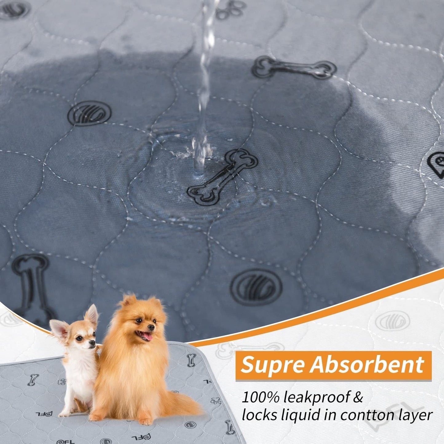 Washable Reusable Dog Pee Pads with Bone Print – Non-Slip Leakproof Absorbent Puppy Training Pads, Machine Washable Whelping Pads for Couch Crate Playpen Potty Training, Multiple Sizes