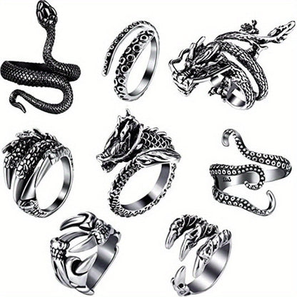 Dragon & Snake Ring Set 8-Piece – 316 Stainless Steel Adjustable Rings with Cubic Zirconia Inlays, Retro Vintage Punk Style Jewelry for Men Women, Bold Statement Stackable Ring Set Gift