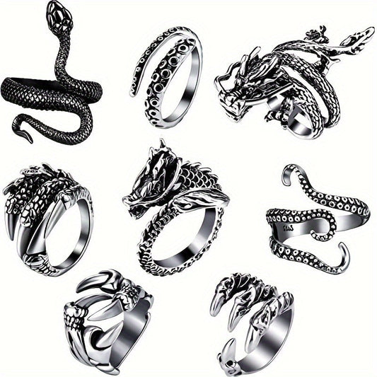Dragon & Snake Ring Set 8-Piece – 316 Stainless Steel Adjustable Rings with Cubic Zirconia Inlays, Retro Vintage Punk Style Jewelry for Men Women, Bold Statement Stackable Ring Set Gift