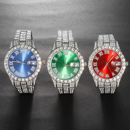 4pcs Rhinestone Watch & Cross Pendant Jewelry Set Quartz Analog Wrist Watch Necklace Bracelet Earrings Unisex Gift for Him Her Wedding