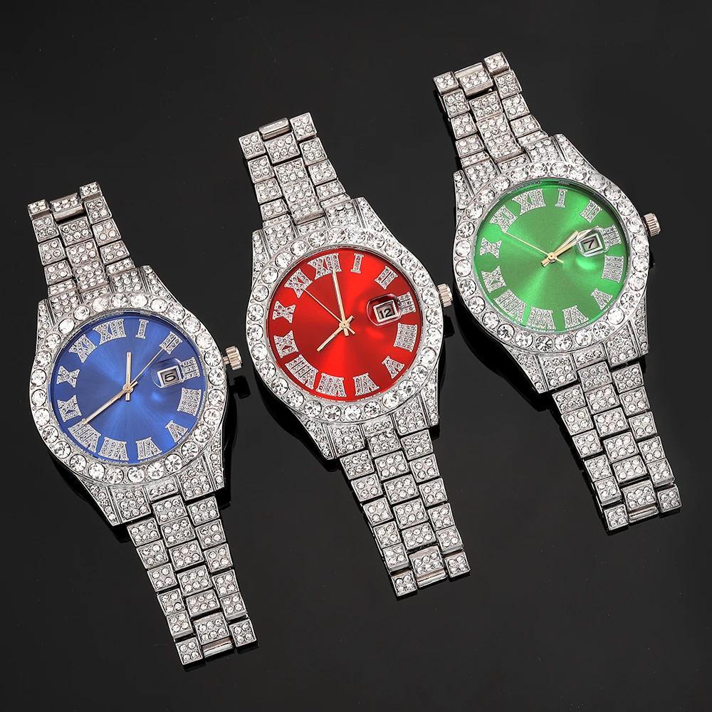4pcs Rhinestone Watch & Cross Pendant Jewelry Set Quartz Analog Wrist Watch Necklace Bracelet Earrings Unisex Gift for Him Her Wedding
