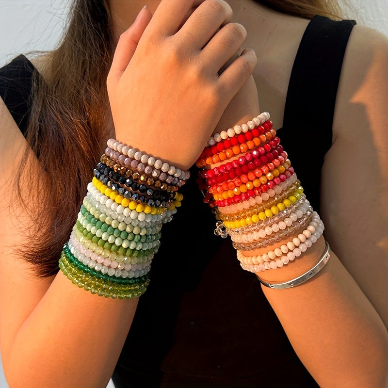 36pcs Boho Faux Crystal Beaded Bracelet Set for Women – Colorful Stackable Layered Hand String Bracelets, Bohemian Fashion Jewelry for Beach Party Daily Wear Gift