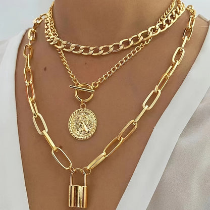 Gold Plated Layered Necklace Set 3 Pieces for Women – Vintage Embossed Round Pendant & Lock Charm Stackable Necklaces, Elegant Fashion Jewelry Gift Set with Gift Bag for Birthday Anniversary Valentine