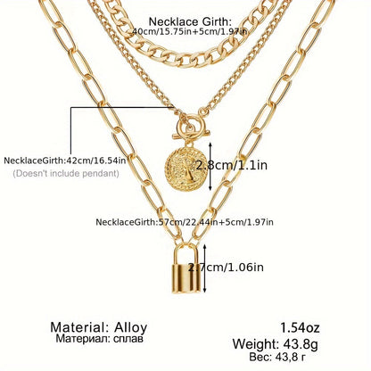 Gold Plated Layered Necklace Set 3 Pieces for Women – Vintage Embossed Round Pendant & Lock Charm Stackable Necklaces, Elegant Fashion Jewelry Gift Set with Gift Bag for Birthday Anniversary Valentine