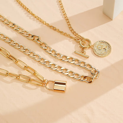 Gold Plated Layered Necklace Set 3 Pieces for Women – Vintage Embossed Round Pendant & Lock Charm Stackable Necklaces, Elegant Fashion Jewelry Gift Set with Gift Bag for Birthday Anniversary Valentine
