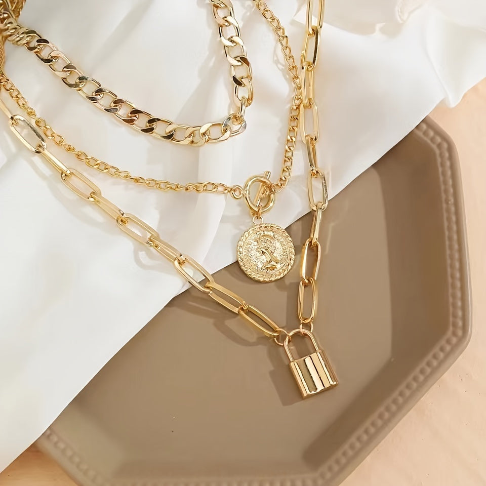 Gold Plated Layered Necklace Set 3 Pieces for Women – Vintage Embossed Round Pendant & Lock Charm Stackable Necklaces, Elegant Fashion Jewelry Gift Set with Gift Bag for Birthday Anniversary Valentine