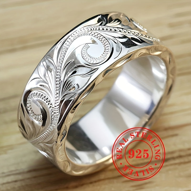 925 Silver Plated Bohemian Wide Band Ring Artisan Carved Leaf Flower Vintage Statement Ring for Women Wedding Party Special Occasion 1g Lightweight