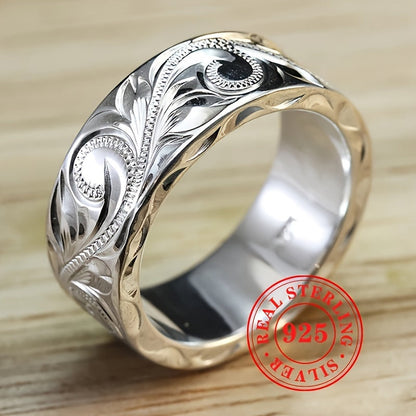 925 Silver Plated Bohemian Wide Band Ring Artisan Carved Leaf Flower Vintage Statement Ring for Women Wedding Party Special Occasion 1g Lightweight