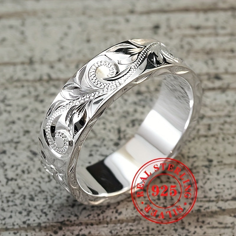 925 Silver Plated Bohemian Wide Band Ring Artisan Carved Leaf Flower Vintage Statement Ring for Women Wedding Party Special Occasion 1g Lightweight