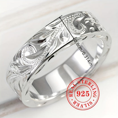 925 Silver Plated Bohemian Wide Band Ring Artisan Carved Leaf Flower Vintage Statement Ring for Women Wedding Party Special Occasion 1g Lightweight