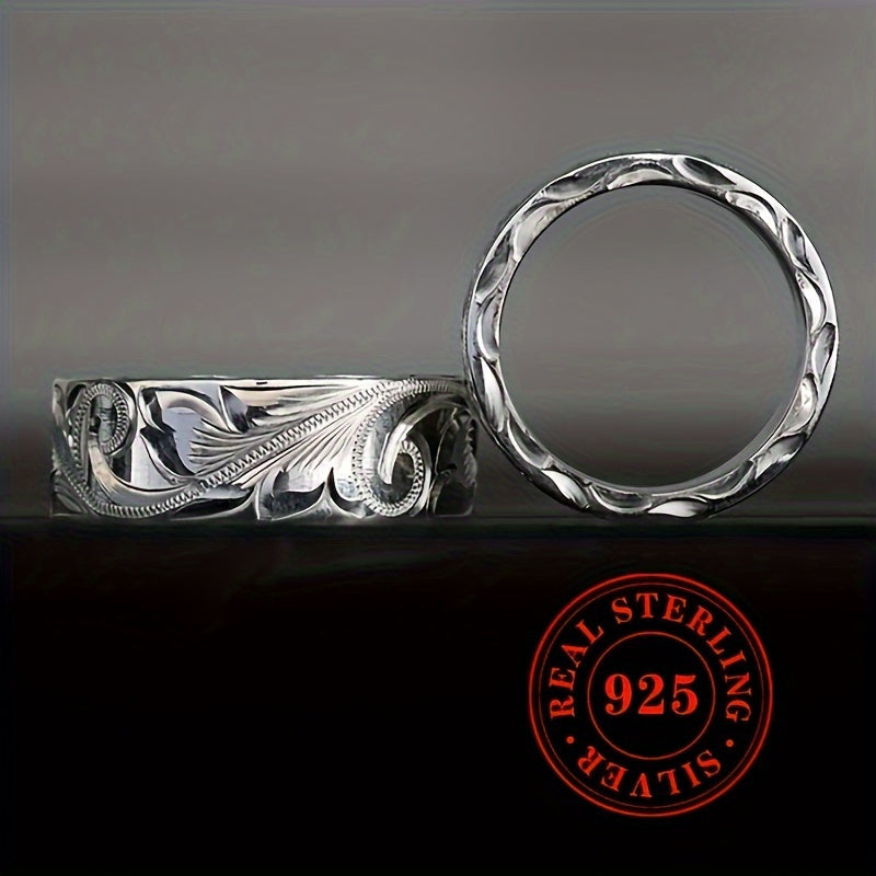 925 Silver Plated Bohemian Wide Band Ring Artisan Carved Leaf Flower Vintage Statement Ring for Women Wedding Party Special Occasion 1g Lightweight