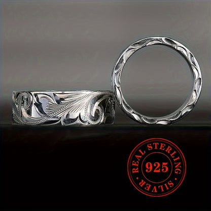 925 Silver Plated Bohemian Wide Band Ring Artisan Carved Leaf Flower Vintage Statement Ring for Women Wedding Party Special Occasion 1g Lightweight