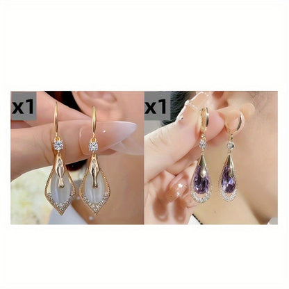 Cat Eye Teardrop Crystal Dangle Earrings 2 Pairs – Sparkling White & Purple CZ Drop Earrings for Women, Elegant Alloy Fashion Jewelry, Perfect for Party, Wedding & Daily Wear