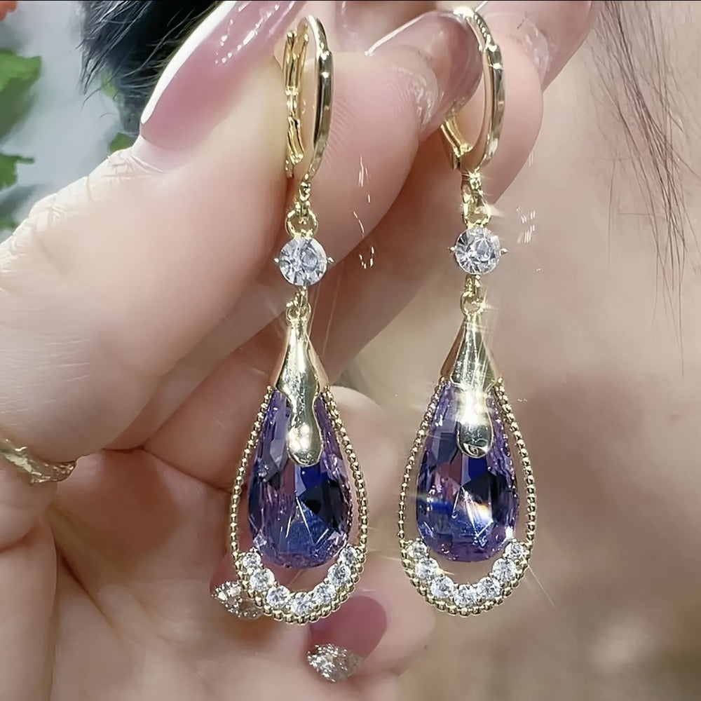 Cat Eye Teardrop Crystal Dangle Earrings 2 Pairs – Sparkling White & Purple CZ Drop Earrings for Women, Elegant Alloy Fashion Jewelry, Perfect for Party, Wedding & Daily Wear