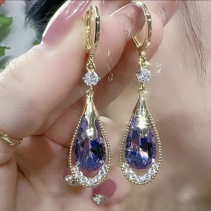 Cat Eye Teardrop Crystal Dangle Earrings 2 Pairs – Sparkling White & Purple CZ Drop Earrings for Women, Elegant Alloy Fashion Jewelry, Perfect for Party, Wedding & Daily Wear