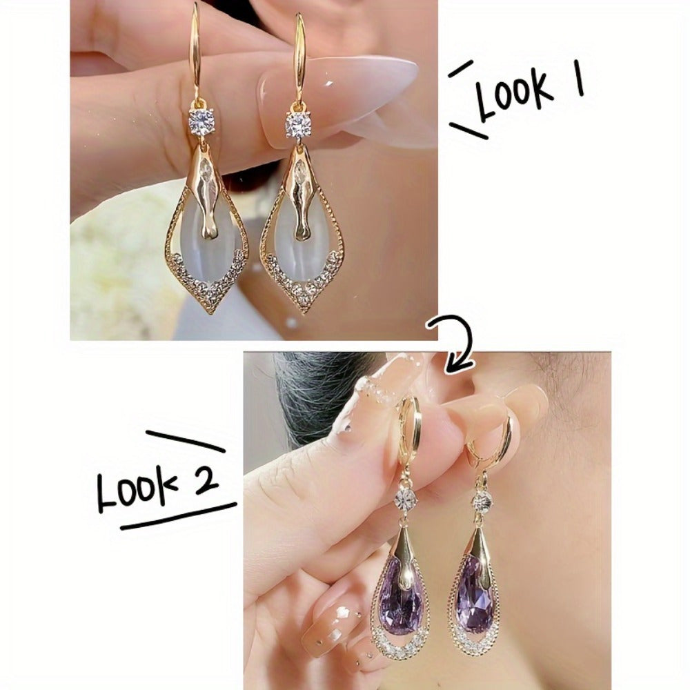 Cat Eye Teardrop Crystal Dangle Earrings 2 Pairs – Sparkling White & Purple CZ Drop Earrings for Women, Elegant Alloy Fashion Jewelry, Perfect for Party, Wedding & Daily Wear