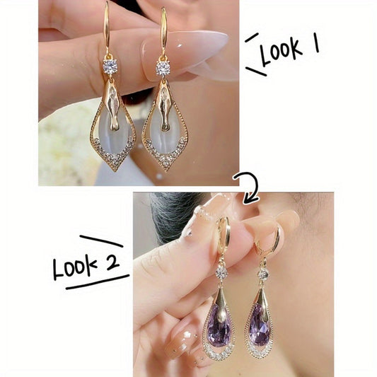 Cat Eye Teardrop Crystal Dangle Earrings 2 Pairs – Sparkling White & Purple CZ Drop Earrings for Women, Elegant Alloy Fashion Jewelry, Perfect for Party, Wedding & Daily Wear