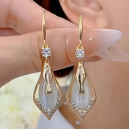 Cat Eye Teardrop Crystal Dangle Earrings 2 Pairs – Sparkling White & Purple CZ Drop Earrings for Women, Elegant Alloy Fashion Jewelry, Perfect for Party, Wedding & Daily Wear